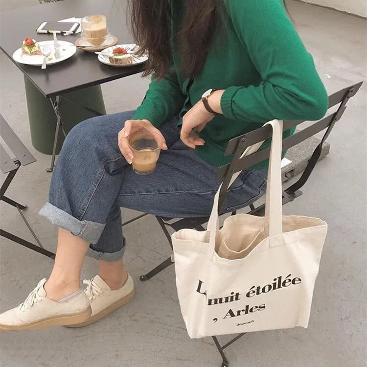 1 Pc  Women Letter Print Tote Korean Style Female Shoulder Bag Canvas Casual Small Tote Bag Reusable  Student Shopping Bag