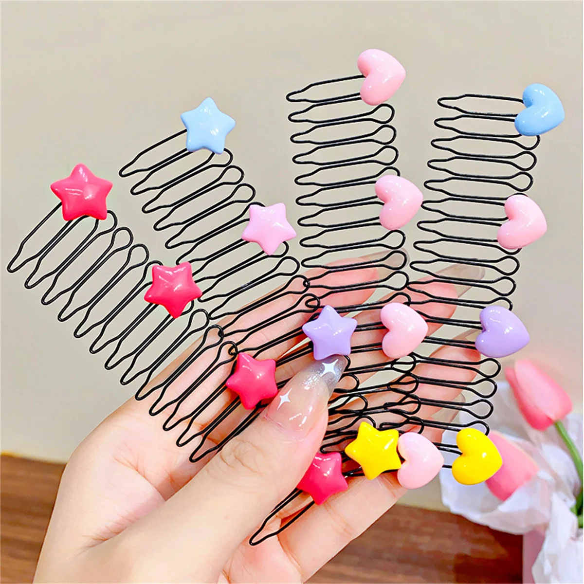 New Cute Colorful Heart Star Bow Pull-out Stretch Metal Hair Comb For Girls Broken Hair Finish Headband Fashion Hair Accessories image 3