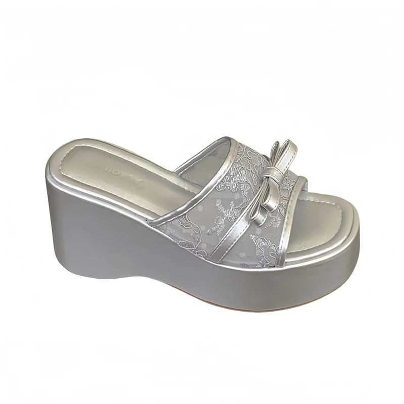 

9cm Wedges Heel Slippers Silver Platform Sandal Woman Lace Beach Shoes Black Bow High Heels Summer Sandals Femme 2026 New