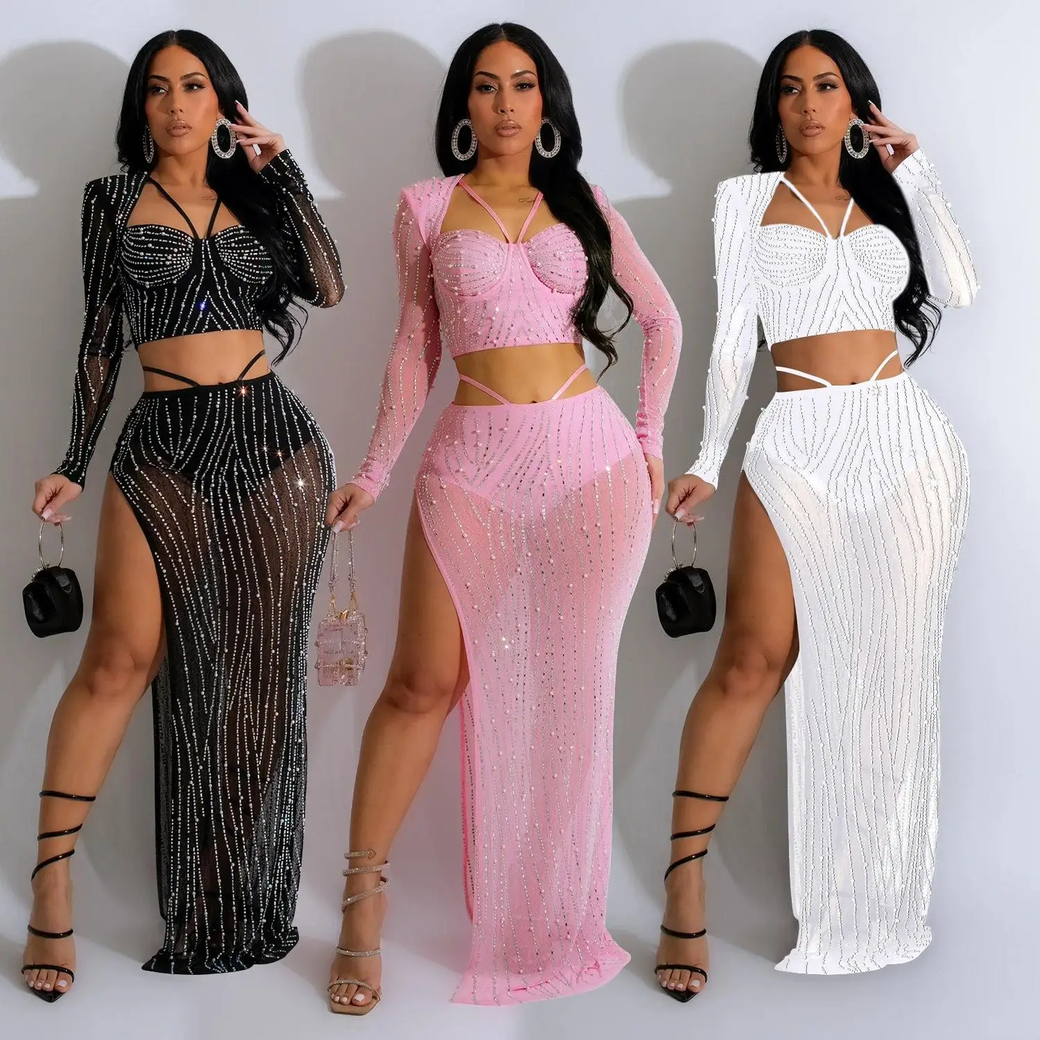 

Sexy Mesh Shirt Skirt Suit Women's Long Slit T-shirt Shirt Diamond Heat Transfer Fashion Set Long Sleeve Spring Season