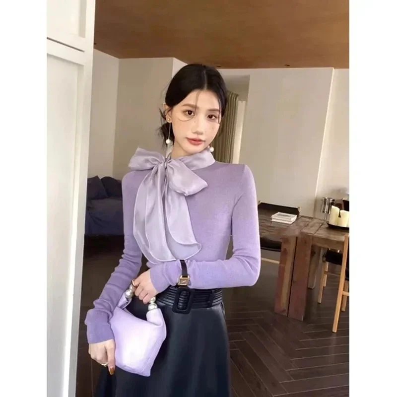 

Pullover Women Korean Style Temperament Bow Tie Long Sleeve Knitted Top 2025 Spring Slim Fit All Match Sweet Y2k Jumper