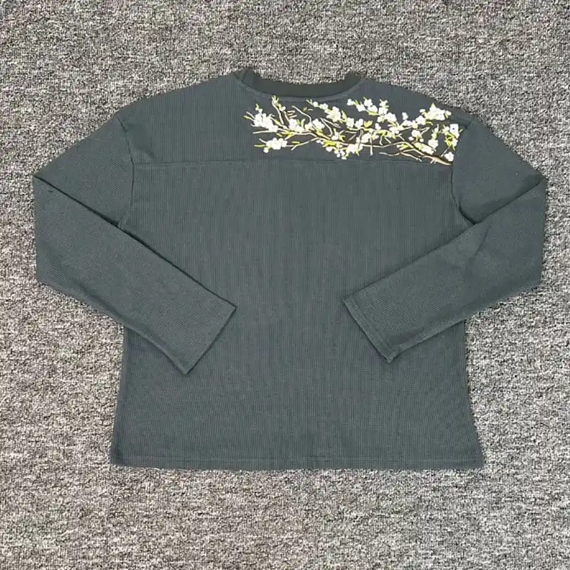 

Top Quality Long Sleeve Derschutze Blossom Waffle Embroidery Sakura Pattern T Shirt Men Women Casual Breathe Loose T-shirts