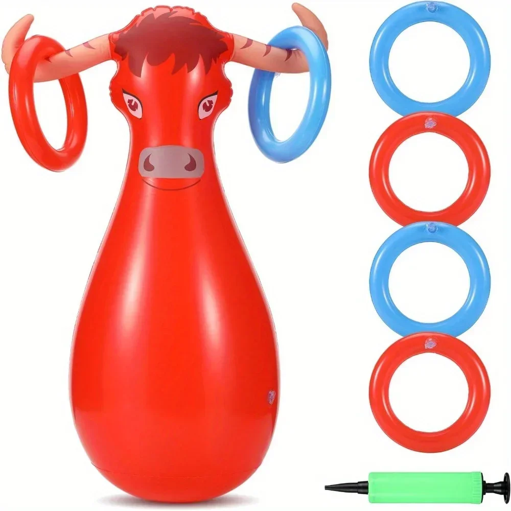 Inflatable Bull Ring Toss Game Set Include Inflatable Bull 6 Rings for Fiesta Rodeo Cowboy Party Supplies Pool Beach Decoration