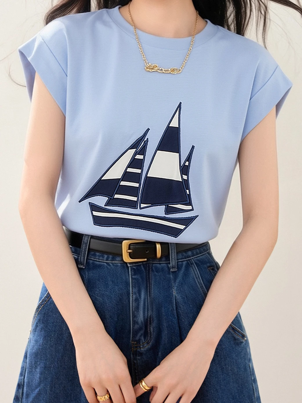 New Fashionable Sailing Boat Print Sleeveless T-Shirt Top Summer Women's Round Neck Loose Slim Fit Commuter Short Sleeveless Top
