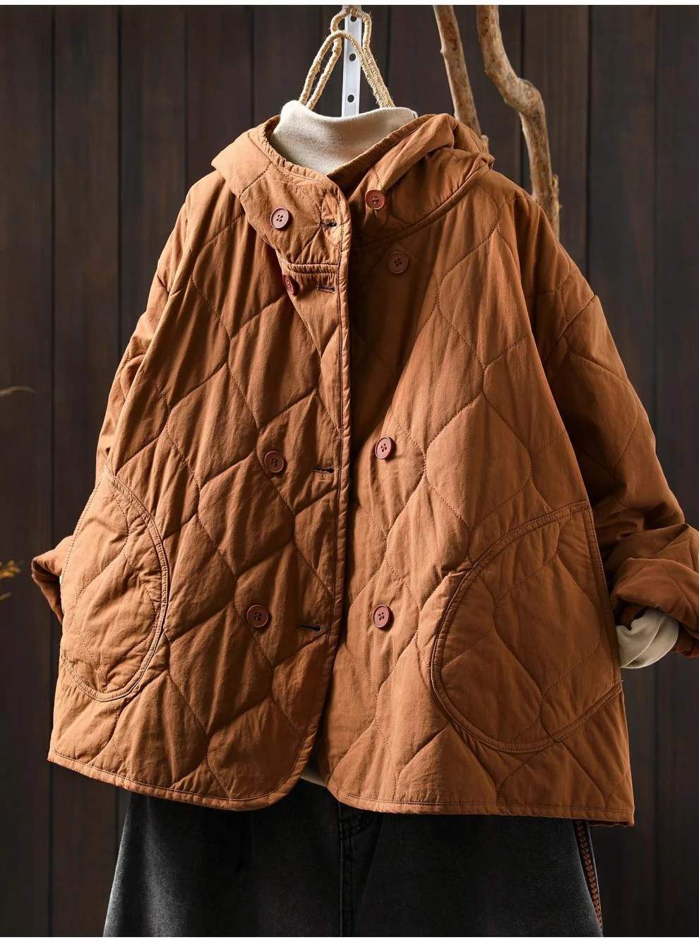 Buste 124 cm puur katoenen gewatteerde jas voor dames Japanse stijl herfst lente jas met capuchon en lange mouwen uitloper