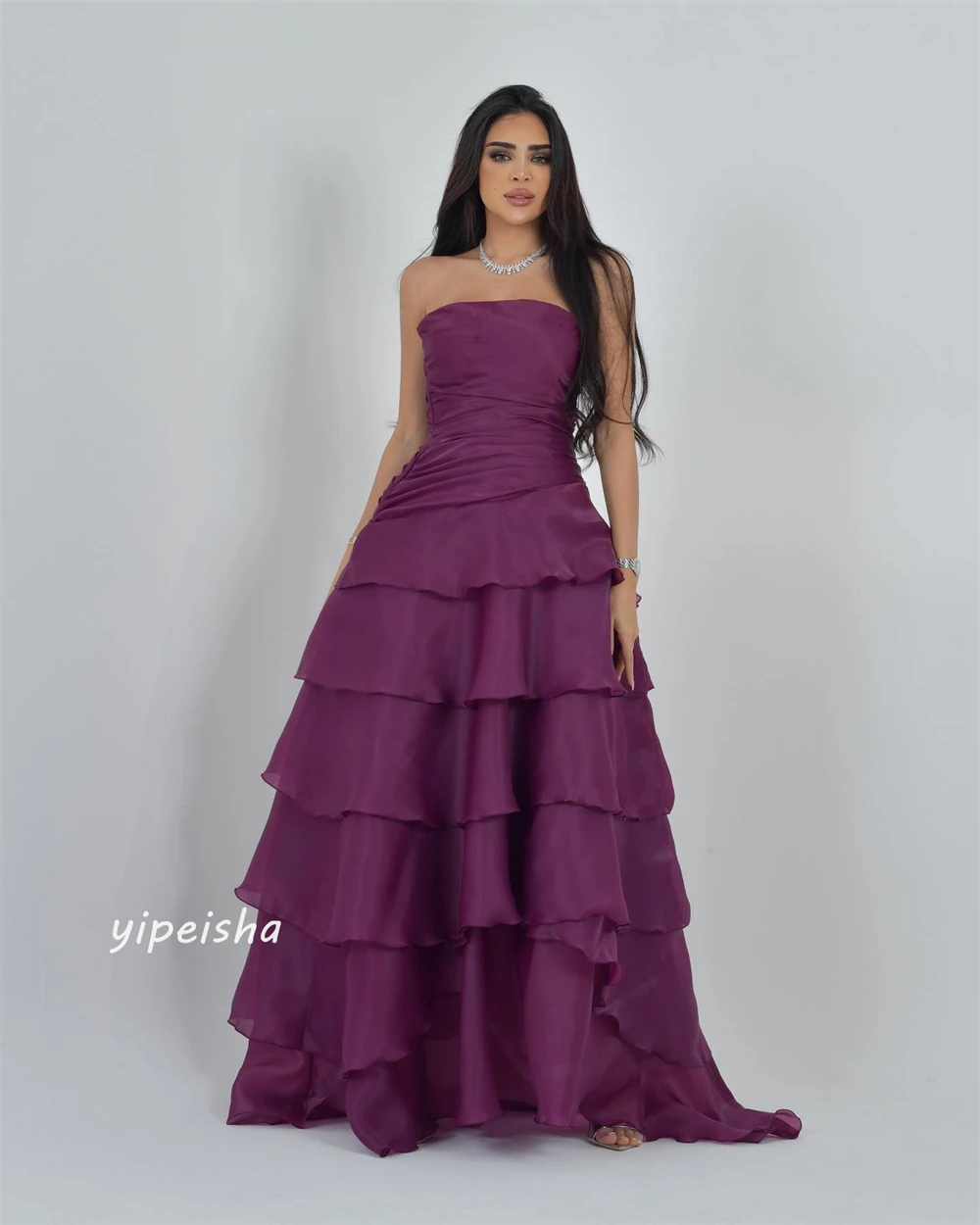  Evening  Sexy Casual  Organza Draped Tiered Pleat Evening A-line Strapless Bespoke Occasion Gown Long Dresses