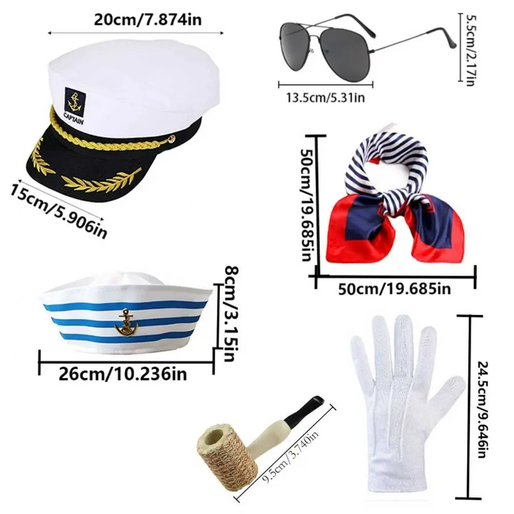 Conjunto de accesorios para fiesta de rol del capitán: sombrero sexy de marinero, sombrero alto, bufanda, gafas de sol, guantes blancos y una pipa.