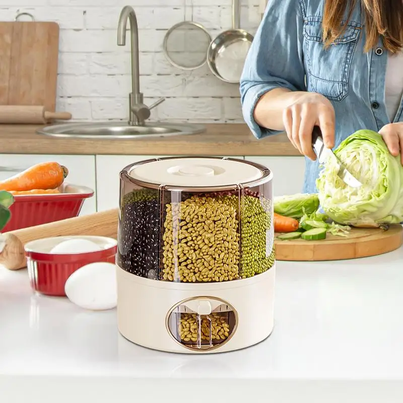 Food Grain Storage Container 6-Grid Rice Dispenser Kitchen Storage Bucket One-Click Output Rice Storage Dispenser 6-Grid Rice
