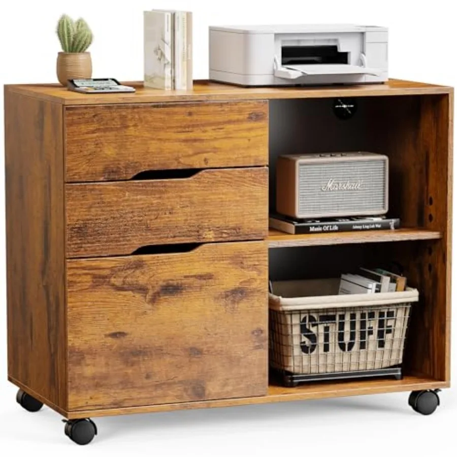 

Rolling File Cabinet with 3 Drawers, Wood Under Desk Printer Stand with Wheels and Adjustable Shelves, Lateral Filing Cabinet f