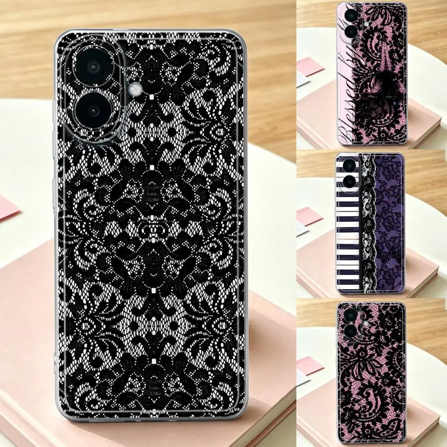 Ornate Black Lace Phone Cover Case for Samsung Galaxy A25 A57 A55 A23 A36 A13 A34 A35 A26 A24 A33 A52 A54 A15 A14 A16 A56 A27