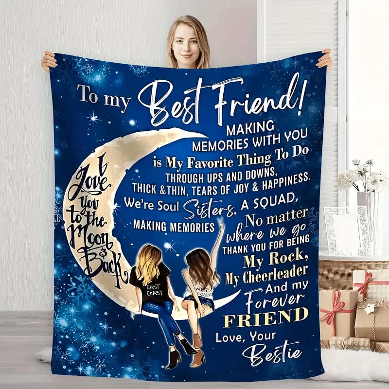 1pc Cozy Flannel Blanket for Best Friend - Warm, Soft, All-Season Comfort with Heartfelt Message & Moon Illustration