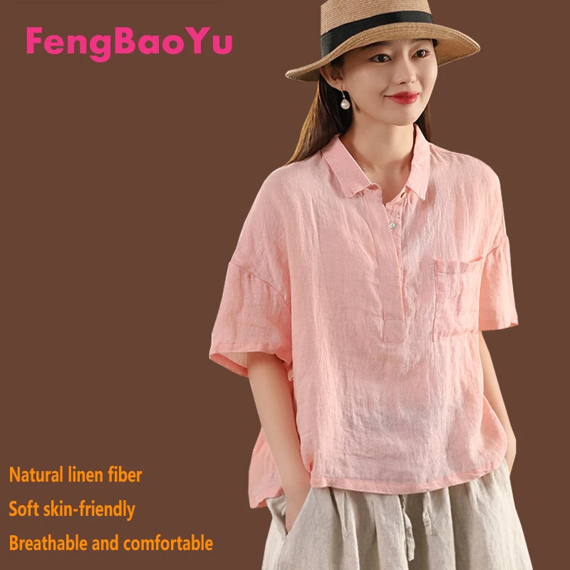 

100% Linen Women's Shirt, Navy Blue Short-sleeved Lapel Stylish Top, Comfortable and Casual Women's Wear for Spring and Summer