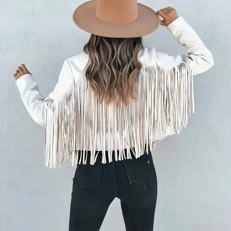 

2025 New Womens Vintage Lapel Long Sleeve FringeCropped Hippie Motor Biker Cardigan OutwearsFaux Suede Tassel Jacket