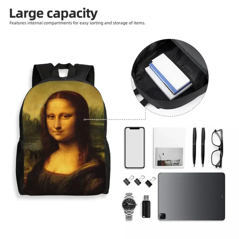 Classic Mona Lisa Por Leonardo Da Vinci Mochila para Mulheres e Homens, Impermeável, Escola Universitária, Painting Art Bag, Sacos De Impressão