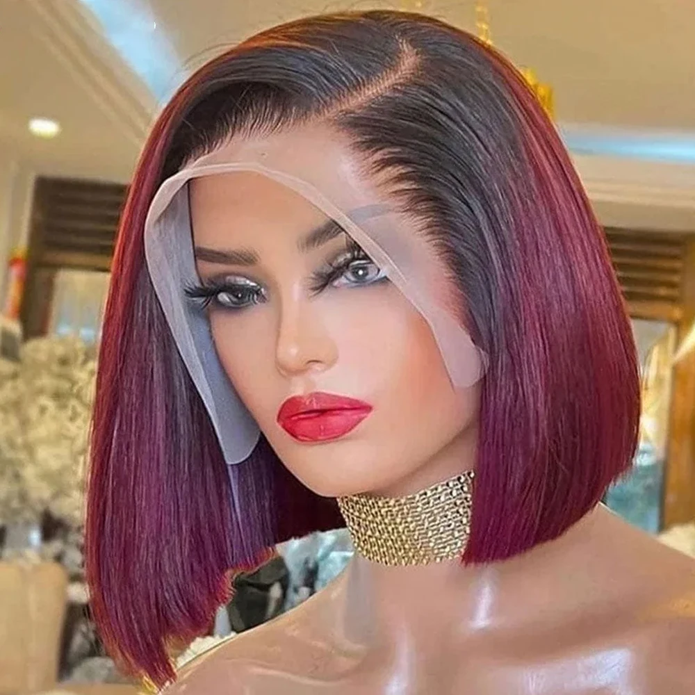 100% Human Hair 1B/99J Burgundy Short Bob Glueless Wigs Human Hair 13x4 Lace Frontal Human Hair Wig Ombre Red Bob Wigs For Women