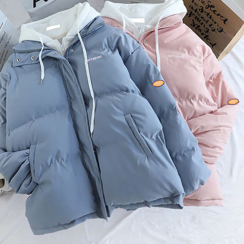 Women\'s Fake Two Piece Hooded Down Padded Jacket 2022 Winter Thick Warm Coats Korean Casual Loose All-match Outerwear Streetwear