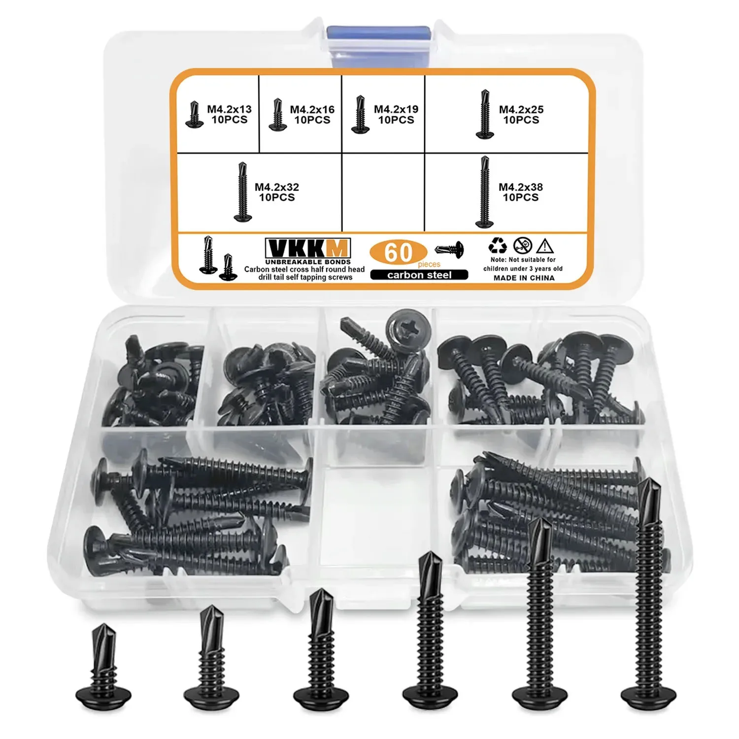 

VKKM M4.2 Набор самосверлящих винтов, 60 шт., изготовлен из углеродистой стали, легко сверлить отверстия.
