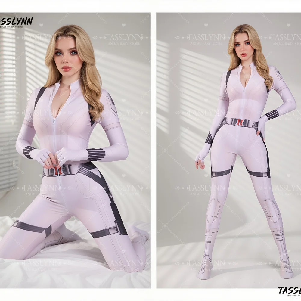 

White Widow Cosplay Bodysuit Superhero Halloween Costume for Women Black Widow Inspired Cosplay Outfit