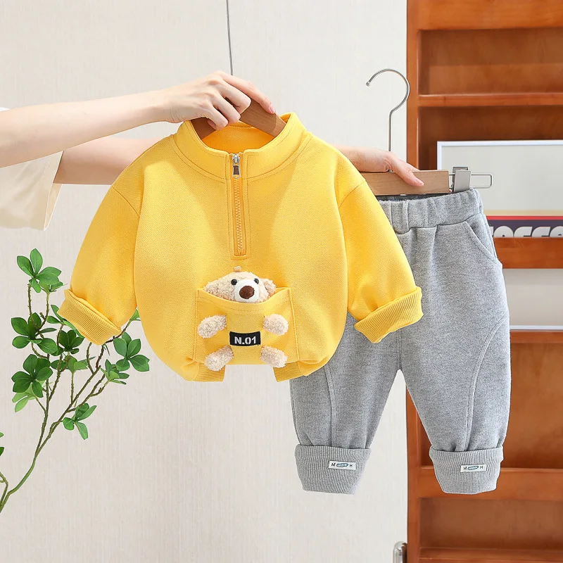 2023 Autumn Designer Baby Girl and Boy Clothes Casual Cartoon Pullover Half Zipper Long Sleeve T-shirts Pants Kids Outfit Set