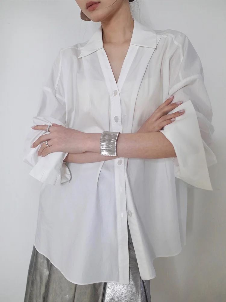 

High Densi High Yarn Count Cotton Loose Fit Women's irt Chicmoc Commute Sle V Ne Long Sve Pure Color Cotton