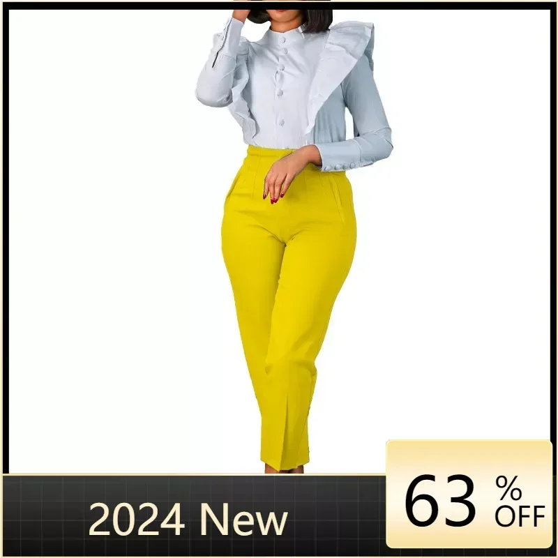 

Women Shiny Yellow Black Capris Pants High Waist Trousers Office Work Lady Full Length Summer Bottoms Capris Spring Autumn