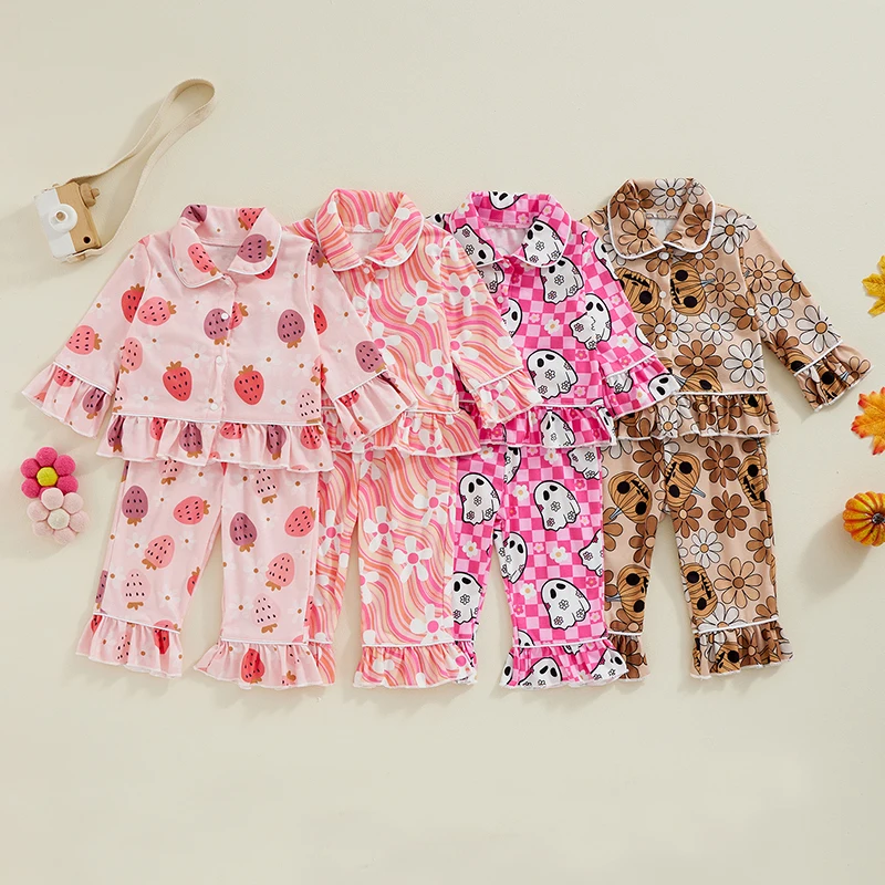 2024-07-03 Lioraitiin Kid Girl Halloween Pajama Set, Pumpkin Print Ruffle Sleeve Button Down Tops Elastic Waist Pants Fall Set