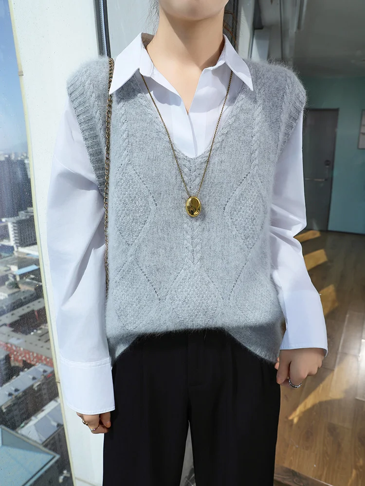 

TLOML женский 100% норковый кашемировый свитер с v-образным вырезом, пуловер без рукавов, жилет, осень-зима, мягкий толстый повседневный норковый кашемировый трикотаж