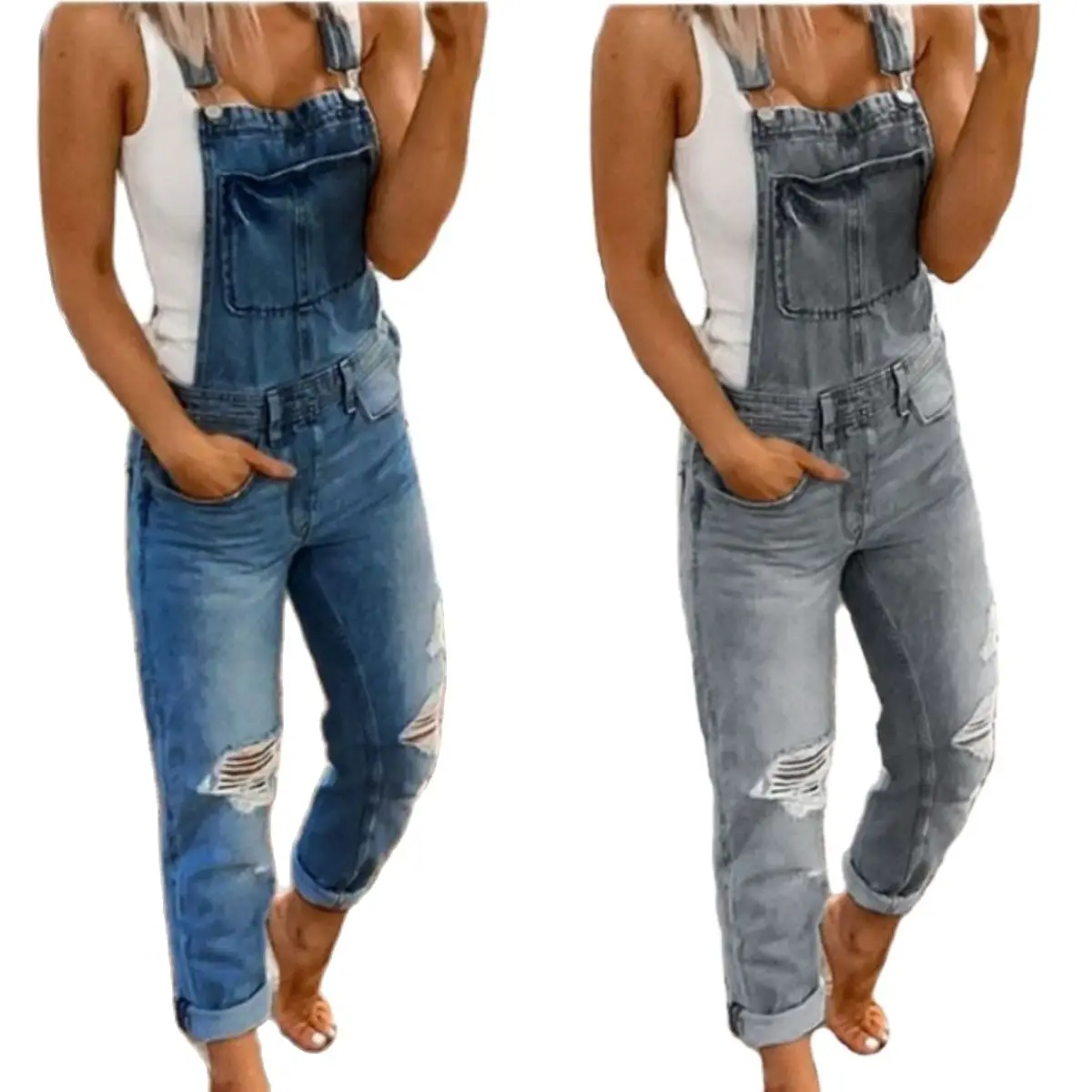 Venda quente suspensórios denim macacão para mulheres moda jeans rasgados macacão casual roupas femininas S-3XL transporte da gota