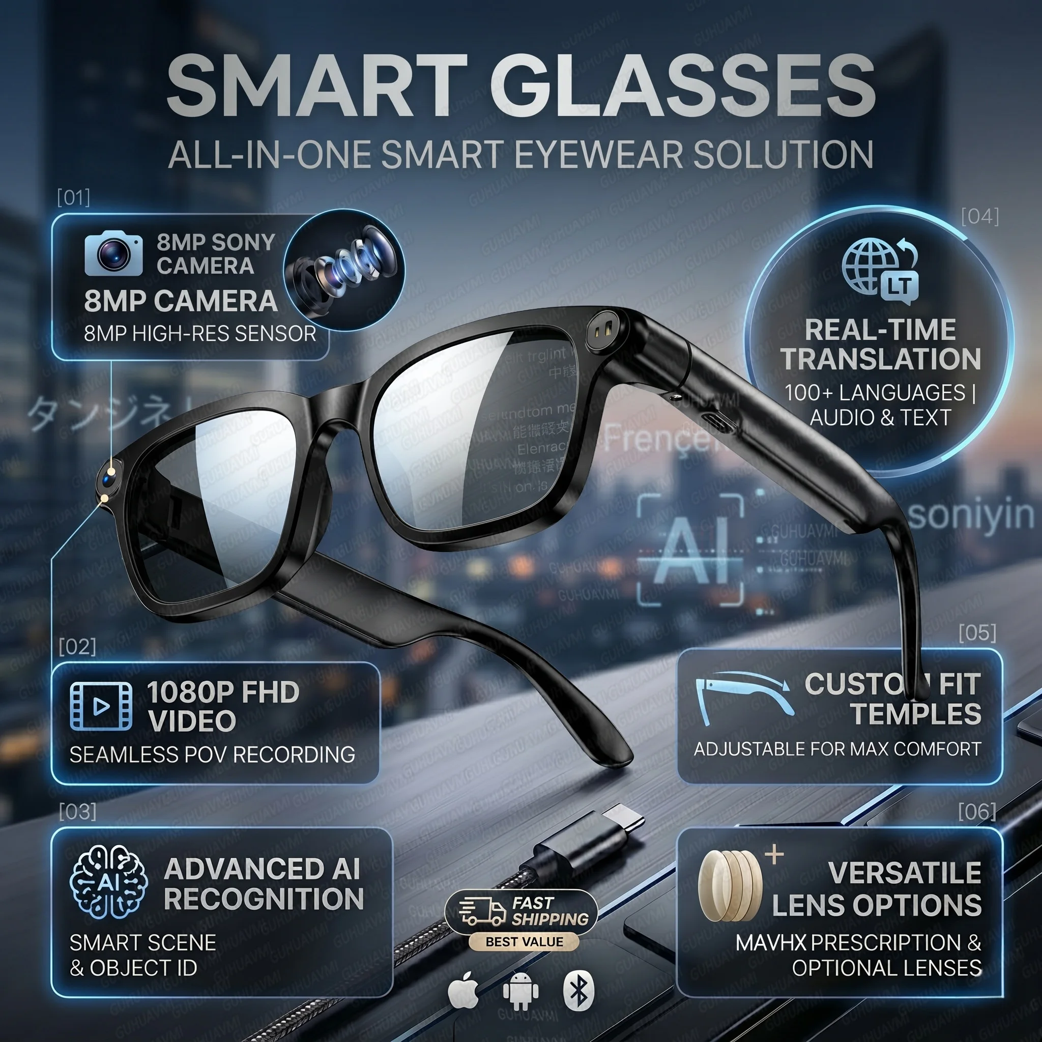 

New AI Smart Glasses 8MP Anti-Shake Bluetooth Camera 1080p Video Recording AI Translation Open Earbuds Voice Assistant Sunglasse