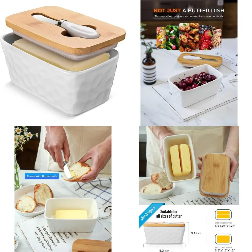 

butter dish with lid, large butter dish for countertop, ceramic butter container with knife double silicone seal unique stone bu