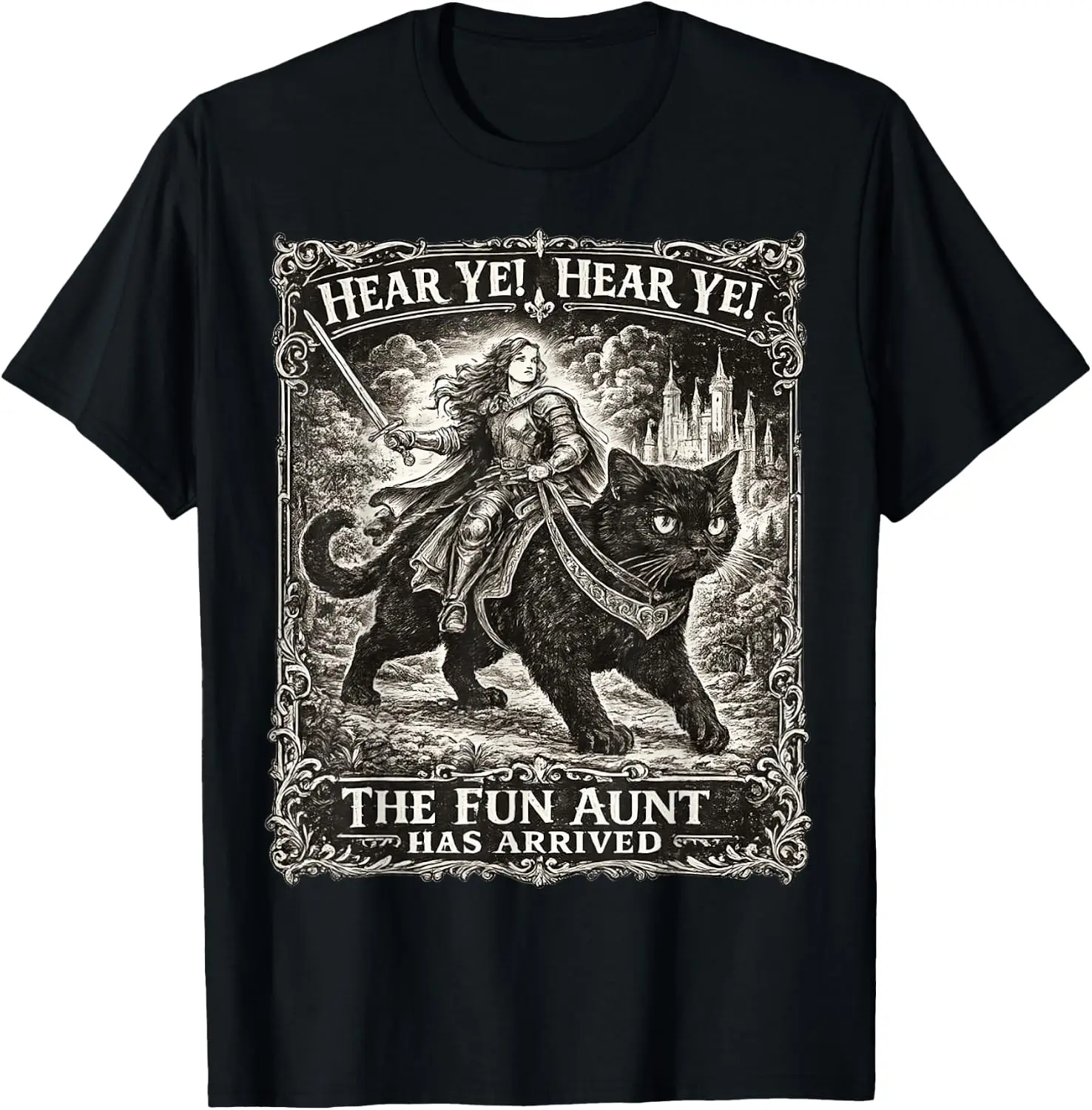 Black Cat Hear Ye Fun Aunt Has Arrived T-Shirt Men Women Unisex Novelty Graphic T‑Shirt, Classic Crew Neck 100% Cotton Tee, Lightweight Anti‑Pilling Breathable Casual Tops, Year‑Round Daily Outfit, Holiday Birthday Present Tee for Friends Family