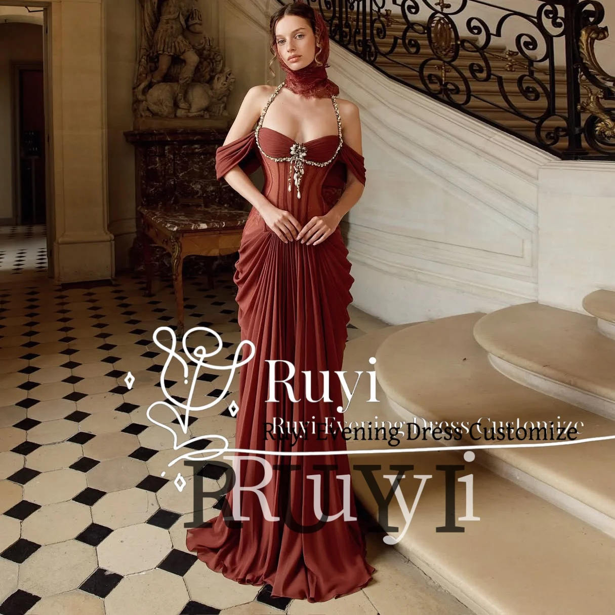 

Customized Exquisite Beaded Chiffon Lace Luxury Evening Dresses 2025 Women Wedding Elegant Party Dress Mermaid Pleated Prom Gown