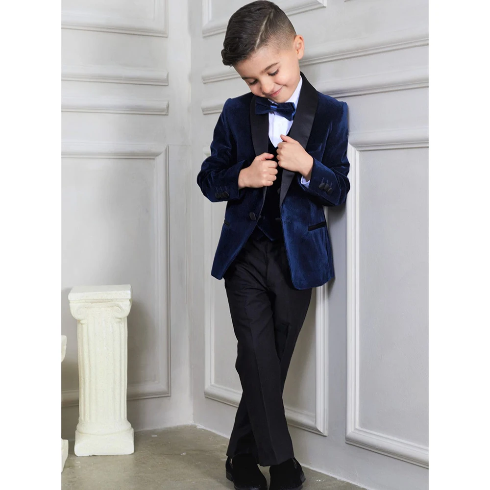 

Elegant Velvet Boys Suits One Button Party Dinner Wedding Tuxedos Formal Fashion Shawl Lapel Ceremony Kids Suits 3 Piece