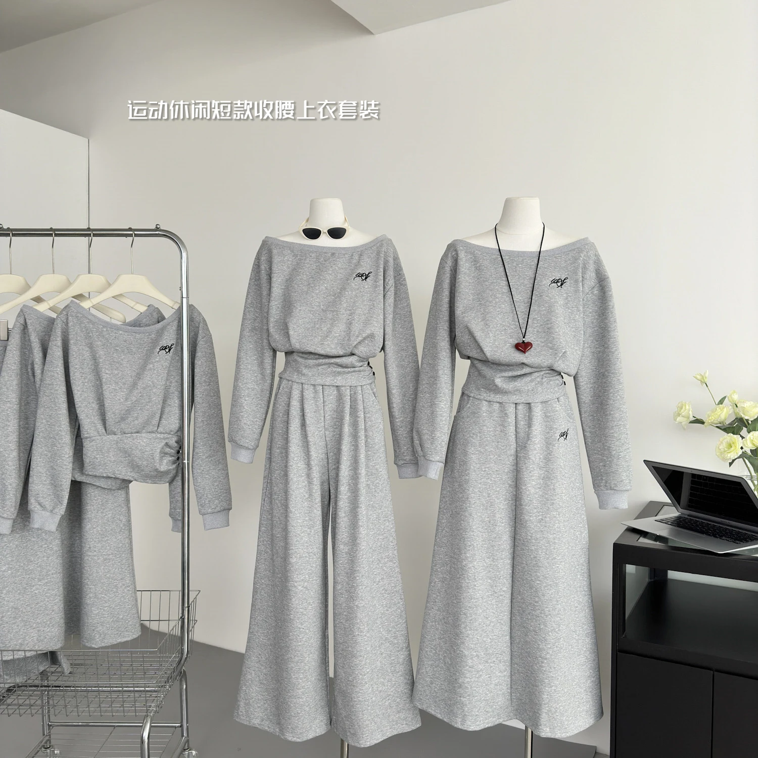 

Autumn Winter Women Sports Style Outfits 2 Piece Set Long Sleeve Sweatshirts Slash Neck Pullovers + Elastic Waist Long Trousers