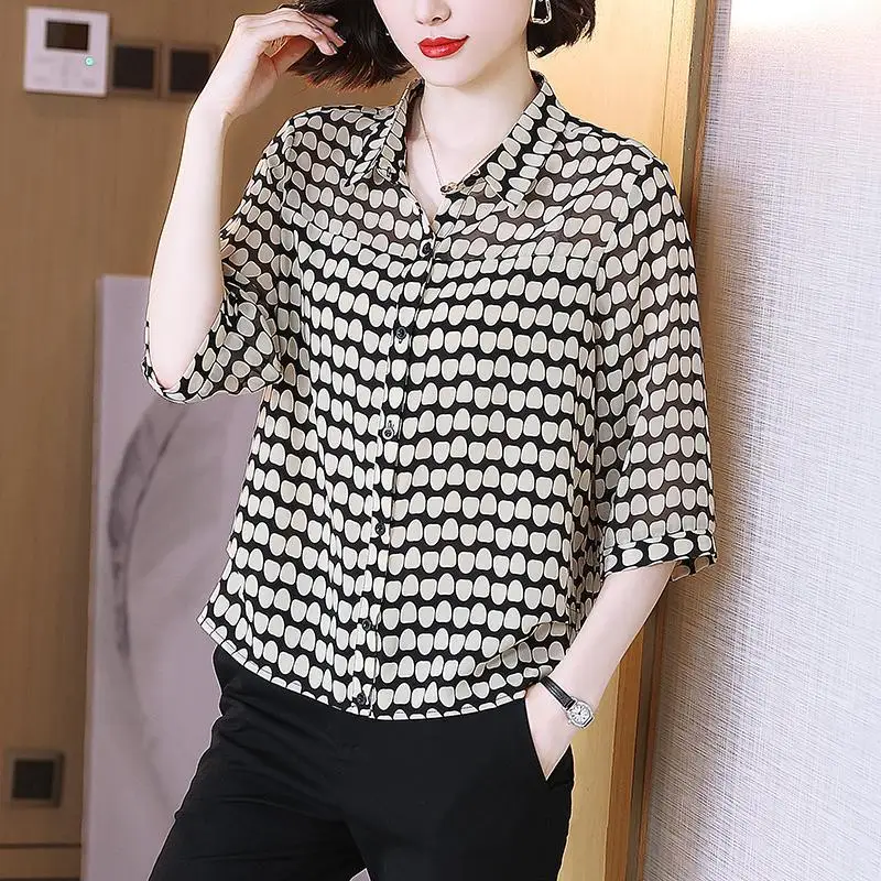 2024 Summer Women\'s Fashion Print Turn Down Collar Button Up Shirt Casual Three Quarter Sleeve Chiffon Blouse Ladies Loose Tops