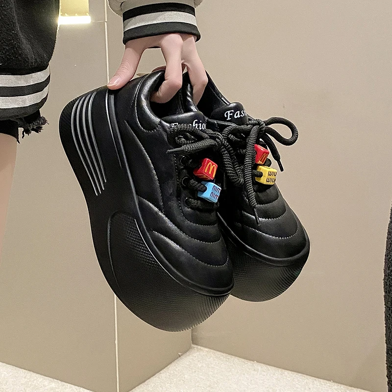 7 ซม.ฤดูใบไม้ผลิผู้หญิง Chunky หนังรองเท้าผ้าใบแพลตฟอร์มหญิง Trainers WEDGE Casual รองเท้าฤดูใบไม้ร่วงใหม่ LACE-up กีฬารองเท้าผู้หญิง