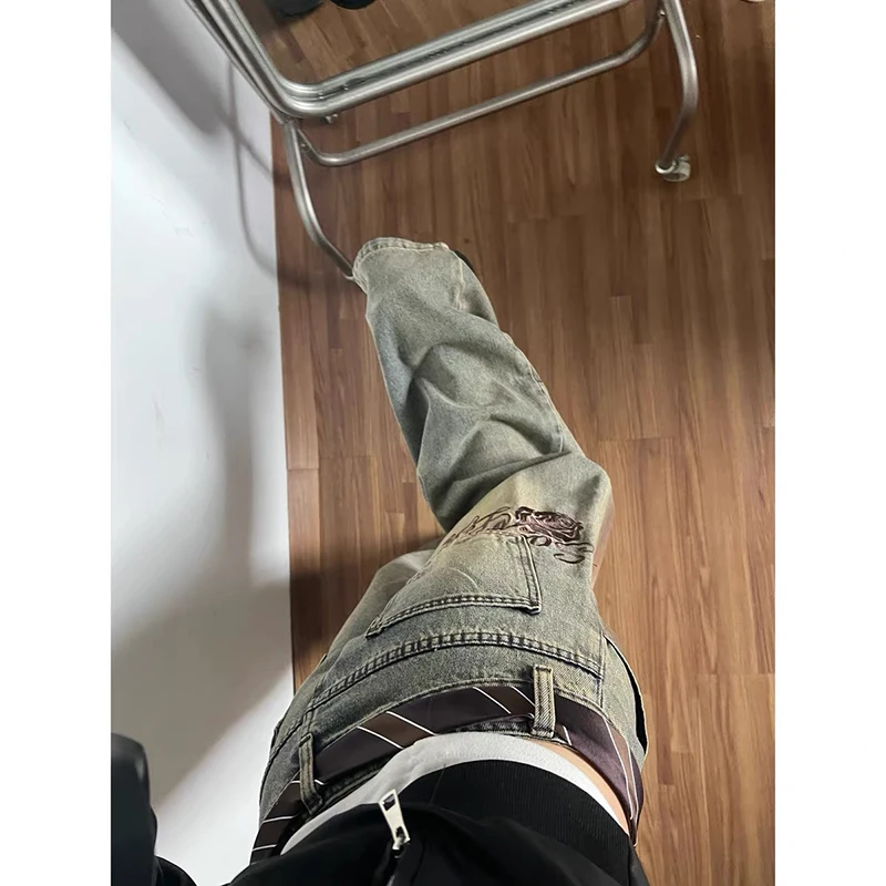 ZHIZOU Women Baggy Blue Cargo Jeans Embroidery Y2k Japanese Streetwear Cyber Punk Denim Pants Wide Fit Harajuku Cowboy 2000s New