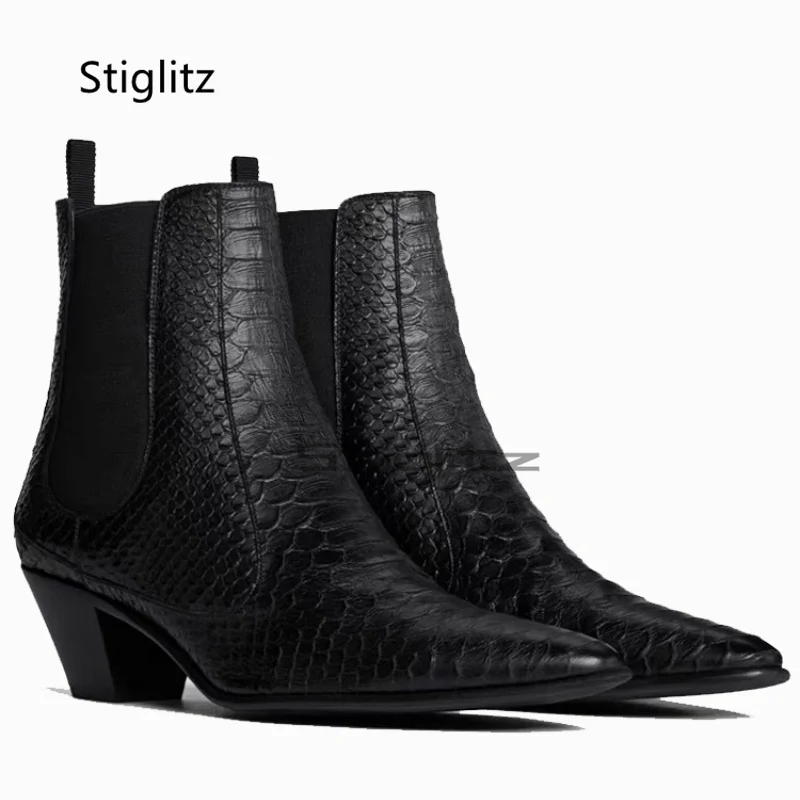 

Snake Pattern Chelsea Boots for Men Pointy Toe High Heels Genuine Leather Ankle Boots Business Men's Boots Trendy Handmade Shoes