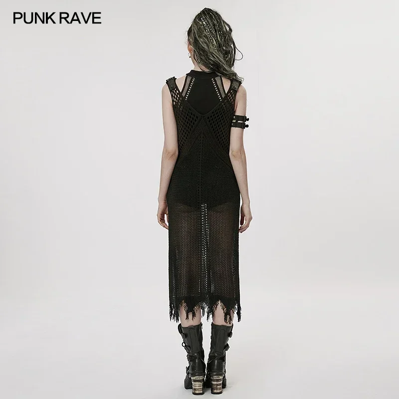 PUNK RAVE Women\'s The Post-apocalyptic Techwear Style Hollow Out Dress Gothic Large V-neck Geometric Raw Edges Hem Vest