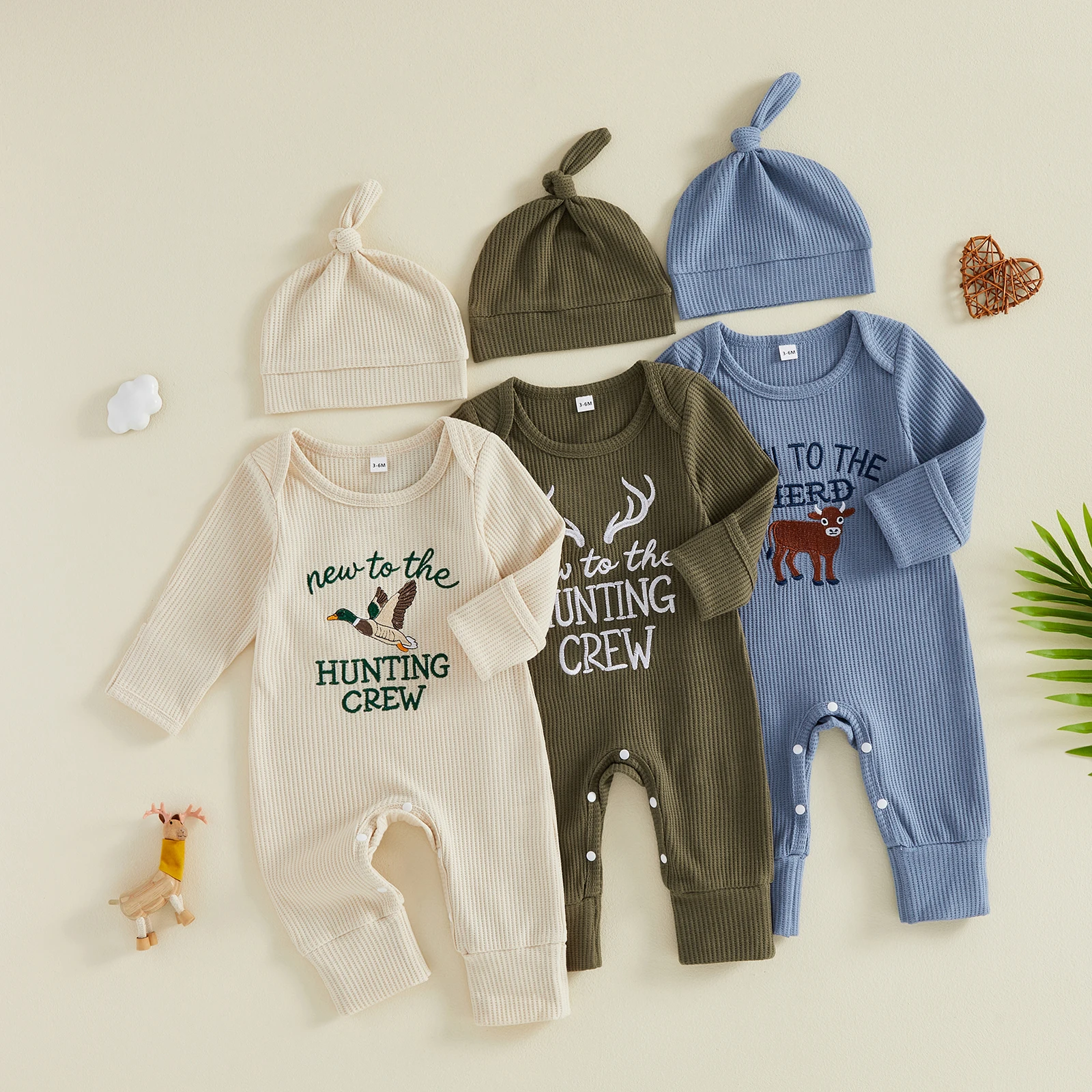 Baby Boy Fall Romper Letter Animal Embroidery Long Sleeve Crew Neck Waffled Jumpsuit with Hat 2 Piece Set