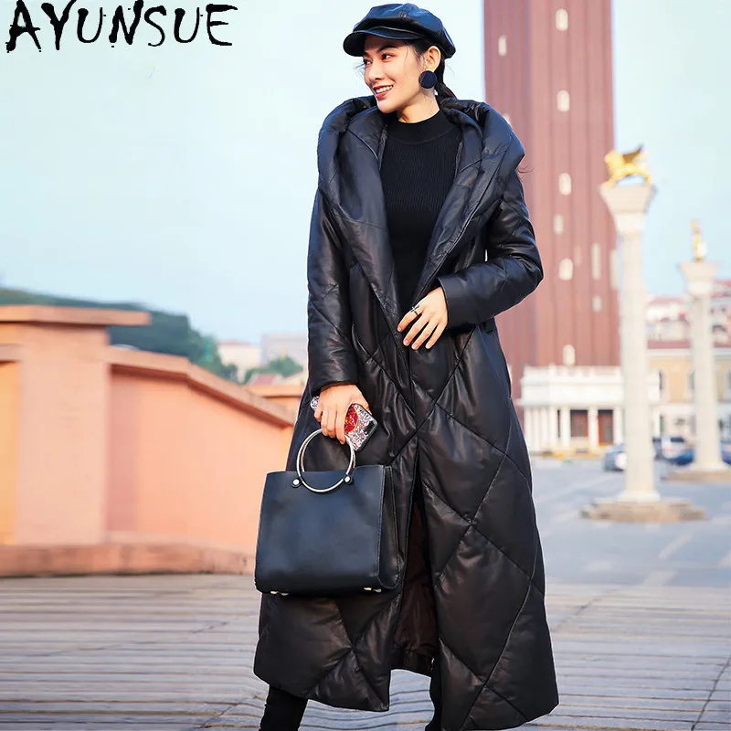 AYUNSUE Sheepskin Genuine Leather Jacket Women Long Over Knee Fashion Down Coat Woman Winter Clothes Hoodie Waist Jaqueta Couro - view 3