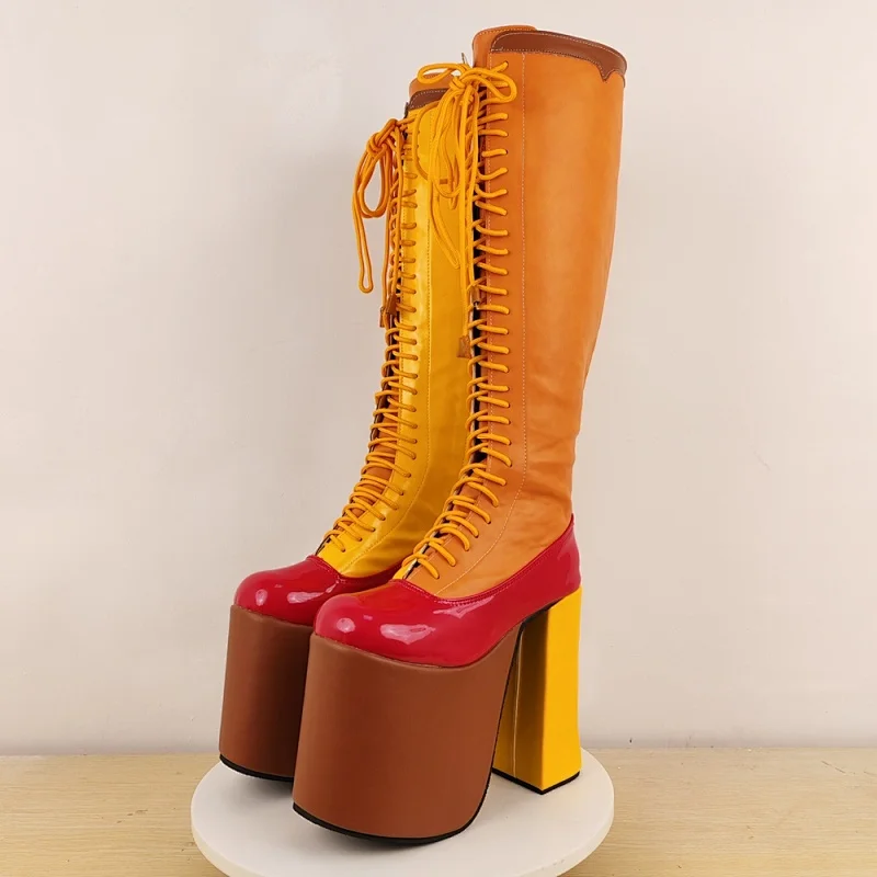 Women Color Block Knee High Platform Boots Contrast Lace Up Back Round Toe Extra High Block Heel Punk Cosplay Ladies Tall Boots