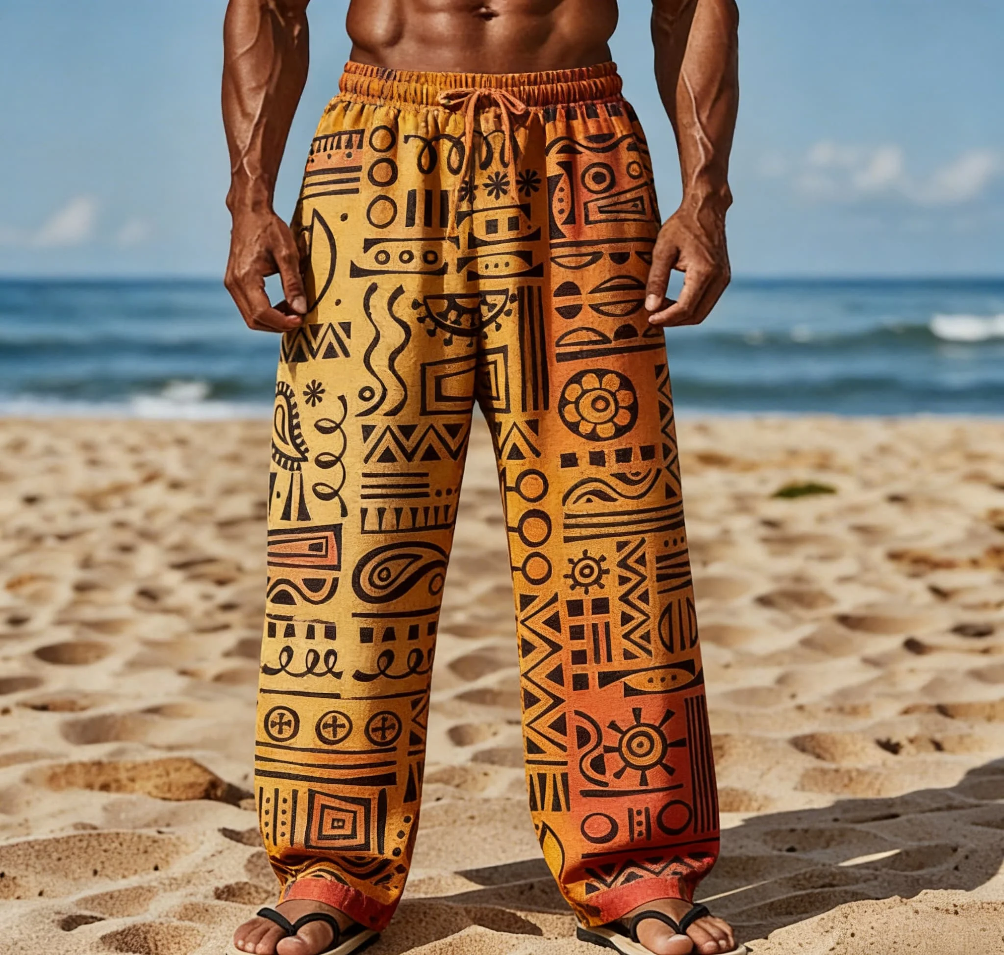 Men's Summer New Hawaiian Black and White Abstract Graffiti Print Straight Leg Pants Beach Casual Pants