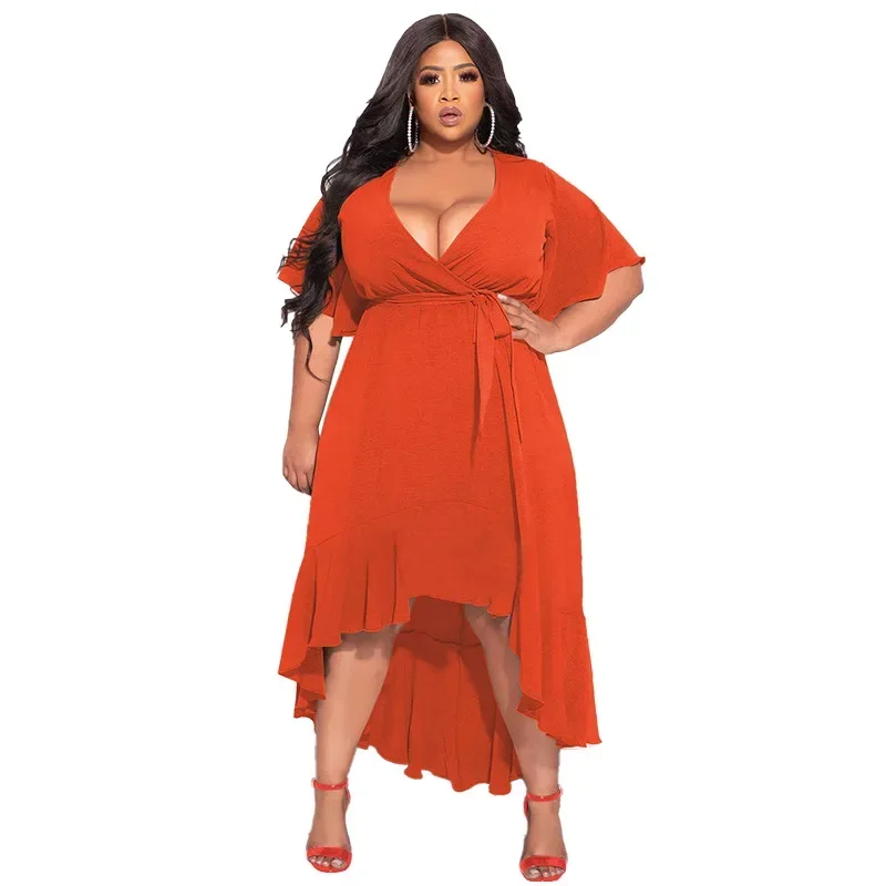 

KEXU Women Plus Size Dress Short Sleeve Soild V Neck Asymmetrical Long Dresses Fashion Party Maxi Vestidos Vintage Outfits