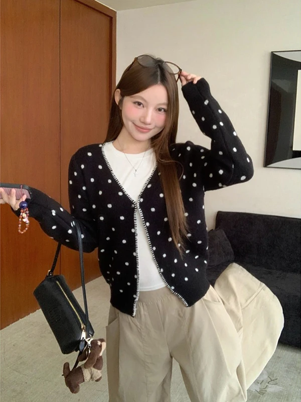 

Bla V-Ne Polka Dot Open Cardigan Women's plus Size Long Sve Slimming Top Outerwear Autumn Winter New Sle Layering