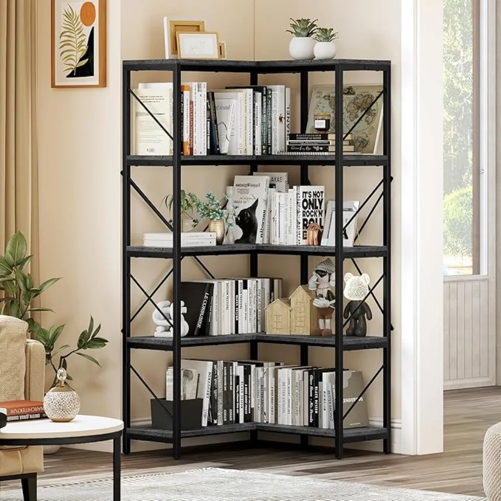 

7 Tier Corner Bookshelf Reversible Bookcase, Tall Bookshelf Display Rack Shelf with Metal Frame for Living Room, Bedroom, Home