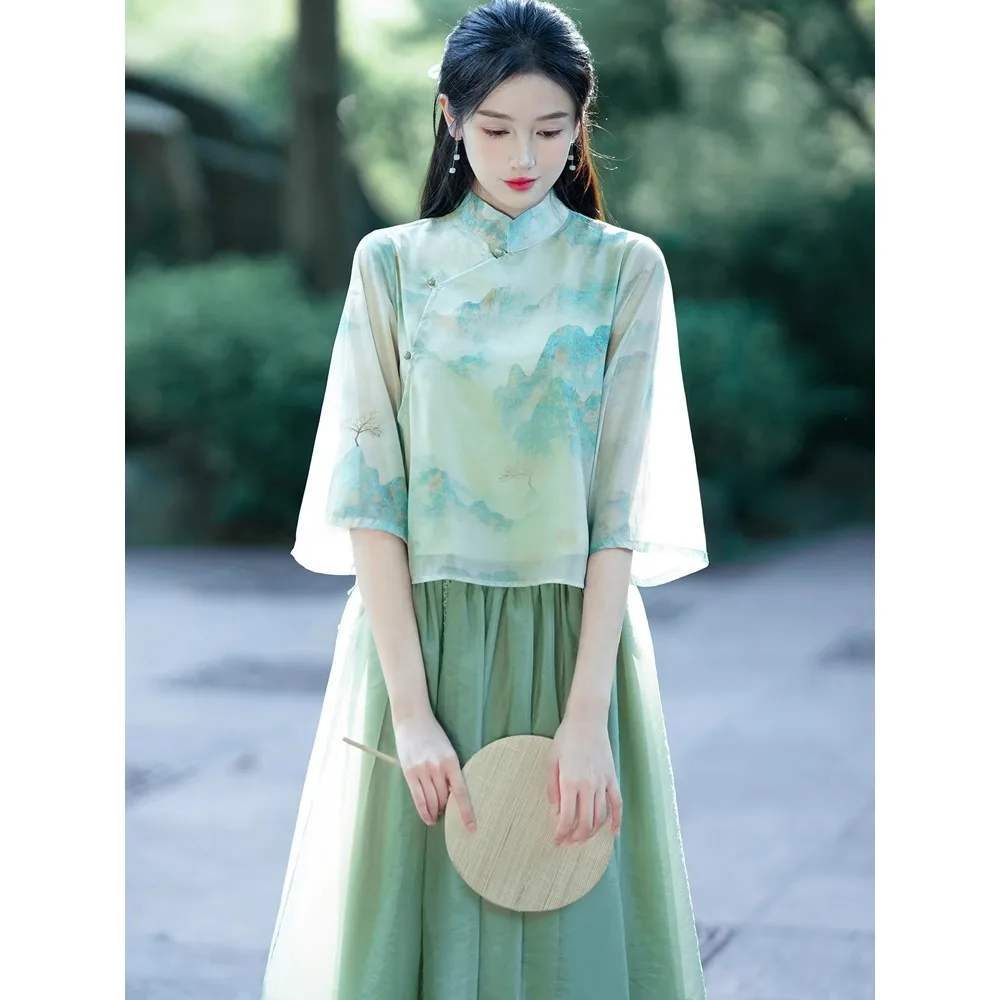 Conjunto de Hanfu verde para mujer, ropa de Arte de té de estilo chino, vestido Zen, vestido Cheongsam mejorado, traje Tang de dos piezas