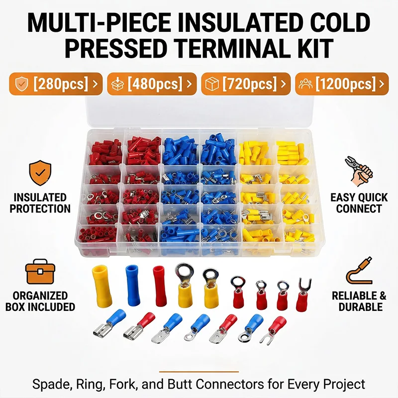 280/480/720/1200pcs Cold Pressed Terminal Kit - Insulated Quick Connect Spade/Ring/Fork Crimp Connectors for Automotive Wiring