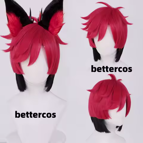Alastor Cosplay Wig Red Black Heat Resistant Synthetic Hair Anime Cosplay Wigs + Wig Cap