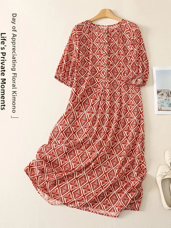 

Slimming Floral Print round Neck Loose Women's Dress Vacation Style Midi Length A-Line Skirt Comfortable Fit Summer Dress